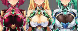 3girls armor bare_shoulders blonde_hair blush bodysuit breastplate breasts breasts_apart cleavage cleavage_cutout clothes_writing collarbone core_crystal detached_sleeves earrings ereraero facing_viewer female female_only glowing grey_background head_out_of_frame highres impossible_bodysuit impossible_clothes jewelry large_breasts lips long_hair multiple_girls mythra_(xenoblade) nintendo pneuma_(xenoblade) ponytail pyra_(xenoblade) red_bodysuit red_hair shiny short_hair shoulder_armor shoulder_pads sidelocks simple_background skin_tight smile spoilers straight_hair upper_body xenoblade_(series) xenoblade_chronicles_2