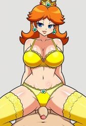 1boy 1girl 1girls ai_generated big_breasts blue_eyes bra breasts brown_hair dominant dominant_female femdom flaccid flaccid_penis gastkeser82 half-closed_eyes long_hair mario_(series) on_top panties penis princess_daisy sitting_on_penis sitting_on_person voluptuous wide_hips yellow_bra yellow_panties