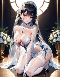 1girls ai_generated black_hair blue_eyes breasts cleavage earrings facing_viewer fapceo35 kneeling light-skinned_female light_skin looking_at_viewer medium_breasts solo stable_diffusion tagme wedding_dress wedding_lingerie wedding_veil