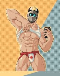 abs bara biceps big_bulge blonde_hair bulge canadian_flag jockstrap male male_nipples male_only mask masked masked_male muscular_male nipples pecs silvyspark underwear