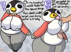 animal_crossing anthro aurora_(animal_crossing) avian big_breasts big_penis bird breast_play breasts clothed clothing duo female genitals human instant_loss_2koma klutzatdusk male male/female mammal mostly_nude nintendo nipple_grab paizuri pasties penguin penis question_mark questionable_consent sex short_stack skimpy slightly_chubby slightly_chubby_female thick_thighs titfuck titjob wide_hips