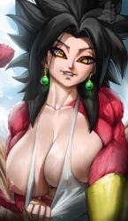 1girls areolae big_breasts biting_lip black_hair breasts breasts_bigger_than_head breasts_out busty clothing dragon_ball dragon_ball_super ear_piercing earrings elitenappa female female_only female_saiyan fusion huge_breasts kefla large_breasts looking_at_viewer nipples no_bra one_breast_out piercing potara_earrings pulling_clothing red_fur saiyan solo super_saiyan_4 sweat sweaty_body tail titty_drop yellow_eyes