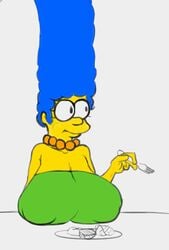 1girls blue_hair eating female garbledina green_clothing green_dress huge_breasts marge_simpson pearl_necklace solo tagme the_simpsons