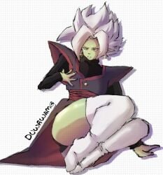 1boy ass ass_focus big_ass core_person deity dragon_ball dragon_ball_super duwawamg_(artist) femboy fused_zamasu green_skin hand_on_chest huge_ass looking_at_viewer male male_focus male_only potara_earrings potara_fusion silver_eyes sitting thick_thighs thigh_boots thighhighs white_hair wide_hips zamasu