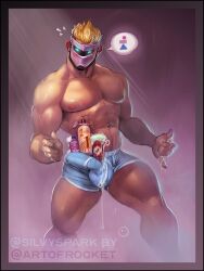 abs art_of_rocket balls_under_clothes bara biceps big_bulge blonde_hair bulge erection_under_clothes huge_bulge male male_only mask masked masked_male muscular_male pecs penis_outline penis_under_clothes shampoo_challenge silvyspark underwear