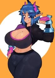 1futa balls big_breasts blue_hair breasts bulge cleavage clothed clothing dand_u elf flaccid flexing fully_clothed futa_only futanari humanoid light-skinned_futanari light_skin penis pointy_ears short_hair solo standing tan_body thick_thighs thighs wide_hips