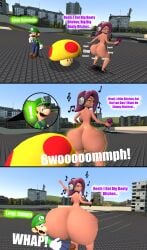 3d 3d_(artwork) ass_expansion ass_shake big_ass big_butt comic dancing desti_(smg4) dialogue garry's_mod giant_ass giant_asscheeks gmod huge_ass huge_butt kaibernation listening_to_music luigi mario_(series) mega_mushroom mushroom outdoors smg4 super_mario_bros. text twerking