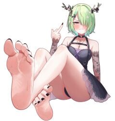 1girls 2d barefoot big_breasts black_choker black_nails black_panties blush breasts ceres_fauna ceres_fauna_(goth_costume) choker feet female female_only flower flower_in_hair foot_fetish foot_focus green_hair hair_over_one_eye hololive hololive_english hololive_english_-council- hololive_english_-promise- horn large_breasts middle_finger mole mole_under_eye nail_polish panties sero4308 short_hair simple_background sitting sleeves soles sweat sweatdrop thighs toes virtual_youtuber vtuber white_background yellow_eyes