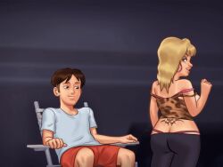1boy 1girls 2d 2d_(artwork) animated animated_gif ass big_ass big_breasts blonde blonde_hair blue_eyes bra breasts brown_hair cleavage clothed clothing crystal_(summertime_saga) darkcookie digital_drawing_(artwork) digital_media_(artwork) duo earrings female female_focus gif horny horny_female horny_male light-skinned_female light-skinned_male light_skin long_hair looking_at_ass looking_at_partner looking_down main_character_(summertime_saga) male male/female medium_breasts milf panties pants presenting presenting_ass shaking_butt sitting smile smiling smirk smirking summertime_saga tanline tanlines tease teasing thick_ass turned_around underwear wiggling_ass
