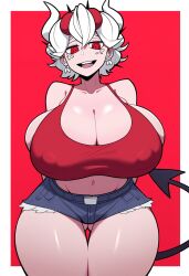 ai_generated ass_visible_through_thighs beelzebub_(helltaker) big_ass big_breasts devil_horns devil_tail fair_skin female_focus giant_breasts giant_tits helltaker hotpants huge_breasts huge_hips hyper_breasts hyper_tits large_breasts mommy noir_hassassin novelai red_eyes small_bellt solo solo_focus tank_top white_hair white_skin wide_hips