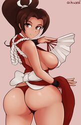 1girls aikuxa ass big_ass big_breasts breasts brown_eyes brown_hair clothed fan fatal_fury female female_only human king_of_fighters looking_at_viewer mai_shiranui ponytail sideboob text thick_thighs thigh_gap watermark wide_hips