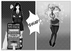 absurdres before_and_after betyboo black_hair blonde_hair brain_drain breast_expansion breasts cell_phone dark-skinned_female dark_skin ebonization female_only femsub ganguro gyaru gyarufication hypnotic_app kogal large_breasts long_hair miniskirt monochrome open_clothes original reality_warping school_uniform skirt smartphone text thighhighs transformation tsundere