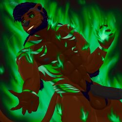 1:1 absurd_res anthro azazel_superbia balls colored demon digital_drawing_(artwork) digital_media_(artwork) erection felid feline fire full-length_portrait fur genitals hair hi_res kay(azazel) kay_powers lion looking_at_viewer male male/male mammal nipples nude open_mouth pantherine penis portrait shaded smile solo