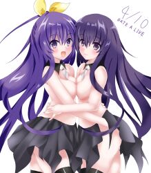 2d 2girls ass breast_press breast_squeeze breasts covered_nipples date_a_live exposed_breasts light-skinned_female long_hair multiple_girls naked naked_female purple_eyes purple_hair skirt thighs yatogami_tenka yatogami_tohka