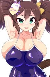 animal_ears breasts brown_hair cleavage collarbone horse_ears horse_girl huge_breasts inari_one_(umamusume) isemagu large_breasts one-piece_swimsuit school_swimsuit shortstack umamusume umamusume_pretty_derby