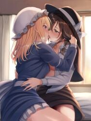 2girls bed bed_sheet black_capelet blonde_hair blush bow breasts brown_eyes brown_hair capelet commentary curtains dress fedora french_kiss fumei_(mugendai) hairbow hat hat_bow highres kissing long_sleeves looking_at_another maribel_hearn medium_breasts medium_hair mob_cap multiple_girls open_mouth renko_usami ribbon-trimmed_capelet shirt short_hair sitting skirt touhou unbuttoned unbuttoned_shirt usami_renko white_bow white_headwear white_shirt window yuri