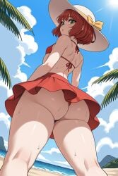 12kaneda12 1girls ai_generated back_view beach beach_hat big_ass bikini bubble_butt green_eyes lana looking_at_viewer looking_back pareo red_hair short_hair small_breasts solo solo_focus sweat sweating watermark