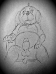 2019 anthro balls black_and_white cane canid canine eyewear fur furry glasses greyscale hi_res humanoid_penis male mammal monochrome nintendo nude open_mouth pappy_van_poodle_(rrdb) penis rusty's_real_deal_baseball sitting slightly_chubby solo video_games