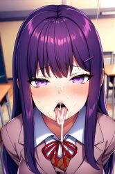 after_oral ahe_gao ai_generated close_up cum cum_in_mouth cum_on_tongue doki_doki_literature_club open_mouth pov purple_eyes purple_hair tagme tongue tongue_out yuri_(doki_doki_literature_club)