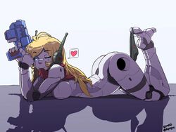 1girls android antennae ass bandaid_on_face barefoot blonde_hair blue_eyes breast_squish breasts bubble_butt cave_story curly_brace functionally_nude gun headset holding_gun looking_at_viewer lying lying_down lying_on_stomach nipple_slip nipples panties_on_toe posing presenting_ass prone rakihiro robot robot_girl robot_joints sensual shirt shirt_in_mouth shirt_lift smile solo spoken_heart wink