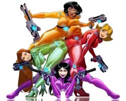 4girls alex_(totally_spies) ass_to_ass bent_over black_hair blonde_hair blue_eyes bodysuit brown_lips clover_(totally_spies) dark-skinned_female full_body green_bodysuit green_eyes green_lips gun huge_ass krezniverse large_breasts long_hair mandy_(totally_spies) mandy_walters open_mouth pistol purple_bodysuit purple_eyes red_bodysuit red_hair red_lips sam_(totally_spies) short_hair simple_background smile totally_spies wedge_heels yellow_bodysuit yellow_eyes