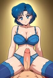 ai_generated akairiot_(style) ami_mizuno big_penis bishoujo_senshi_sailor_moon blue_bra blue_eyes blue_hair blue_panties bra clothed_female_nude_male gastkeser82 groin looking_at_viewer navel nude_male panties penis precum sailor_mercury short_hair sitting sitting_on_person stockings thighs veiny_penis wide_hips