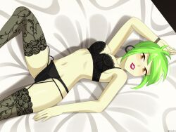 1girls armpits black_bra black_lingerie black_panties bra breasts cherry_crash_(eg) cleavage commission ear_piercing earrings equestria_girls female female_only friendship_is_magic hasbro lace lace_stockings lingerie lipstick looking_at_viewer my_little_pony navel on_back on_bed panties riouku solo solo_female thighhighs