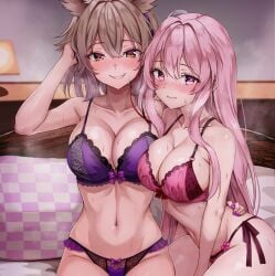 2girls amagi_(amagi626) blush bow bow_bra bow_panties bra breasts brown_hair cleavage collarbone commentary_request grin hata_no_kokoro highres implied_threesome indoors large_breasts long_hair looking_at_viewer multiple_girls navel nose_blush panties pink_hair pointy_hair side-tie_panties smile steam stomach straight_hair sweat touhou toyosatomimi_no_miko underwear underwear_only very_long_hair