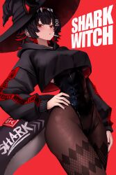 1girls absurdres black_hair black_hat black_hoodie black_leotard black_nails black_pantyhose blush breasts colored_inner_hair commentary cosplay cropped_hoodie ear_piercing earclip ellen_joe english_commentary female fins fish_tail hand_on_own_hip hat highleg highleg_leotard highres hood hood_down hoodie large_breasts leotard lollipop_in_mouth long_sleeves looking_at_viewer multicolored_hair nail_polish orange_eyes pantyhose patterned_legwear piercing red_background red_hair shark_girl shark_tail short_hair solo tail val_(yan_kodiac) val_(yan_kodiac)_(cosplay) witch_hat yan_kodiac zenless_zone_zero