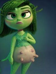 1girls ai_generated disgust_(inside_out) disney eww green_skin inside_out pixar solo udder udder_expansion udder_growth udders what wtf