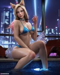 1girls 2024 3d ahri bikini bikini_pull bikini_top_pull blonde_hair blue_bikini depth_of_field female female_only indoors k/da_ahri k/da_all_out_ahri large_breasts league_of_legends looking_at_viewer night pink_hair poolside seated sitting solo solo_female therealzoh two-tone_hair two_tone_hair wide_hips zoh