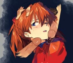 aseiusx asuka_langley_sohryu blue_eyes bodysuit erection female highres neon_genesis_evangelion one_eye_closed open_mouth orange_hair penis penis_on_face pilot_suit red_bodysuit teeth upper_teeth_only