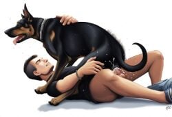 1boy 1girls ai_generated beastiality black_hair canine cum cum_in_pussy domestic_dog female female_feral female_on_human feral german_shepherd human human_on_feral male male/female male_on_feral novelai penis pussy tagme vaginal_penetration zoophilia