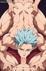 ai_generated anal anal_sex balls ban_(nanatsu_no_taizai) bara big_balls big_penis carpet_matching_drapes cum deepthroat foreskin gay hands_behind_head kyorzart light_blue_hair looking_at_viewer male male_nipples male_only male_pubic_hair mouth_full_of_cock muscular_male nanatsu_no_taizai nipples nude oral oral_sex penis pubic_hair red_eyes shower showering smile solo the_seven_deadly_sins yaoi