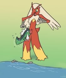 2022 ambiguous_gender anthro basculin bite blaziken blonde_hair blue-striped_basculin blue_eyes cock_and_ball_torture duo erection feathers feral feral_only fishjob fuzzo generation_3_pokemon generation_5_pokemon genital_torture genitals hair hi_res male male/ambiguous markings nintendo open_mouth penis penis_bite pokemon pokemon_(species) red_body river simple_background standing surprise tail tail_feathers water yellow_markings yellow_sclera