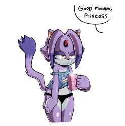 absurd_res anthro beverage black_clothing black_panties black_underwear blaze_the_cat blush clothing coffee coffee_mug dialogue domestic_cat felid feline felis female flat_chested fur hi_res loose_hair mammal orange_eyes panties purple_body purple_fur sega shirt simple_background solo sonic_(series) sonic_the_hedgehog_(series) speech_bubble standing tail tank_top tired topwear underwear white_background xao