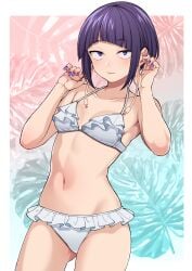 1girls absurdres audio_jack bikini boku_no_hero_academia border breasts closed_mouth collarbone commentary diagonal_bangs expressionless female fingernails frilled_bikini frills halterneck hands_up highres kobaji kyoka_jiro light_blush long_earlobes looking_at_viewer my_hero_academia nail_polish navel outside_border purple_eyes purple_hair purple_nails short_hair sidelocks small_breasts solo stomach swimsuit white_bikini white_border