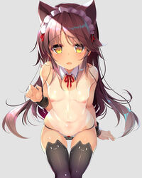 :d animal_band_legwear animal_ears black_legwear black_panties breasts brown_hair detached_collar eyebrows_visible_through_hair female grey_background highres long_hair looking_at_viewer maid_headdress navel nipples one-piece_tan open_mouth original panties pulled_by_self shiny shiny_skin sidelocks simple_background sitting small_breasts smile solo strap_pull tan tanline thighhighs topless underwear underwear_only very_long_hair wrist_cuffs yanagi_yuu yellow_eyes