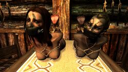 2girls 3d aela_the_huntress bondage bound bound_ankles brown_hair dark_skin dark_skinned_female dunmer gag gagged hogtie jenassa m7seven multiple_girls nord skyrim