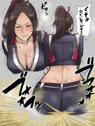 asian_female ass back big_fart boobs breasts brown_hair cleavage closed_eyes cropped_jacket fart fart_fetish farted farting fatal_fury female female_only high_ponytail jacket japanese_female king_of_fighters large_breasts long_hair loud_fart mai_shiranui multiple_views nice_ass pants ponytail sexy sitting smell stink stinky_fart sweat translation_request trembling