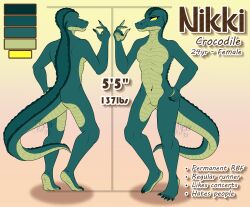 absurd_res athletic athletic_female breasts countershading crocodile crocodilian crocodylid featureless_breasts featureless_crotch female flat_chested green_body hi_res looking_at_viewer model_sheet multicolored_body reptile reverse_countershading scalie solo tipzykitzy two_tone_body yellow_eyes