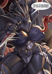 anthro big_breasts black_body blood bodily_fluids breasts clothed clothing dragon duel_monster female hi_res horn konami mleonheart mythological_creature mythological_scalie mythology nipples red-eyes_black_dragon red_eyes scalie solo text thick_thighs weapon wings yu-gi-oh!