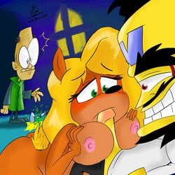 activision bandicoot big_breasts black_hair blonde_hair breasts crash_(series) doctor_neo_cortex fellatio furry green_eyes human naughty_dog neo_cortex nipples nitrus_brio oral paizuri penis raccoonmugen tawna_bandicoot titfuck yellow_skin