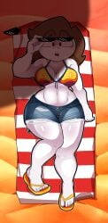 1girls beach beach_towel belly belly_button breasts brown_hair clothed cute eyewear_on_head full_body happylikeawall happylikeawall_(artist) meme navel sand sandals shorts solo sunglasses sunglasses_on_head white_body white_skin