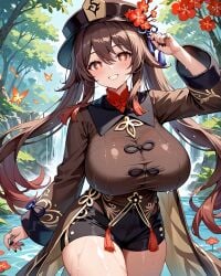 ai_generated bare_thighs brown_hair genshin_impact gigantic_breasts hu_tao_(genshin_impact) huge_breasts huge_thighs light-skinned_female light_skin looking_at_viewer massive_breasts orange_eyes pawg sasa smiling solo_female squatting star-shaped_pupils sweat sweatdrop thick_body thick_female thick_thighs thighs twintails voluptuous voluptuous_female