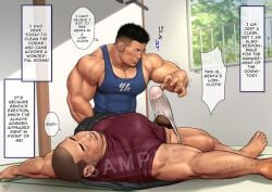 2boys asian_male bara black_hair blue_shirt erection gay hair hairy_arms kumagorow loincloth male male_only maroon_shirt muscular_male mustache_stubble partially_clothed penis sample_watermark tank_top watermark window