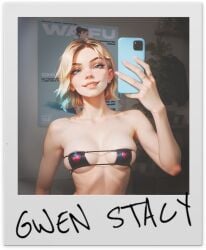 ai_generated bedroom bikini cellphone gwen_stacy gwen_stacy_(spider-verse) holding_phone marvel marvel_comics polaroid poster_(object) selfie short_hair skimpy skindentation small_breasts smile spider-gwen spider-man_(series) xsfmworks