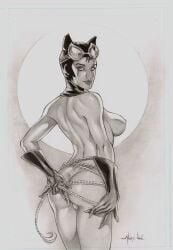 1girls alex_lei ass batman_(series) big_breasts breasts catwoman dc dc_comics gloves monochrome nipples rope rope_around_waist solo thighs