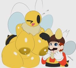 anthro bee black_eyes circle_head clothing completely_naked completely_naked_female completely_nude completely_nude_female heart mario mario_(series) nintendo nude_female simple_background stinger super_mario_galaxy text tha_randomu thick_thighs vi_(bug_fables) wide_hips yellow_fur