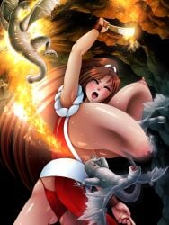 2d 2d_(artwork) 3monsters attack attacked breast_swing breasts breasts_out brown_hair censored crossover enormous_breasts fan fatal_fury fighting fighting_back fire floppy_breasts hacchake_yarou_a_team hatchake_taro khezu khezu_whelp king_of_fighters long_hair mai_shiranui monster monster_hunter monster_rape mosaic_censoring nipple_suck nipples open_mouth pain ponytail resisting resisting_rape special_attack sweat swinging_breasts